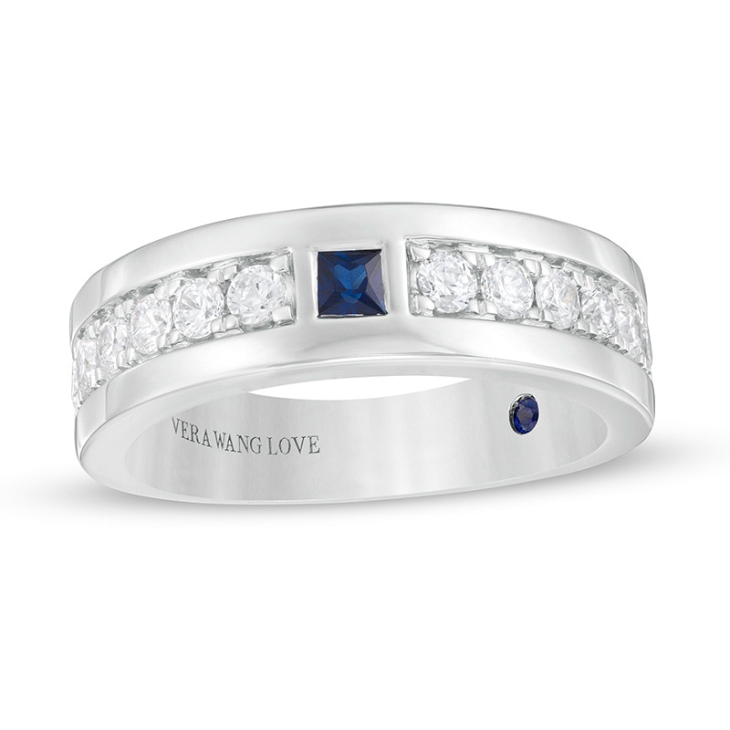 Main Image 1 of Previously Owned - Vera Wang Love Collection Men's Square-Cut Sapphire and 3/4 CT. T.W. Diamond Band in 14K White Gold