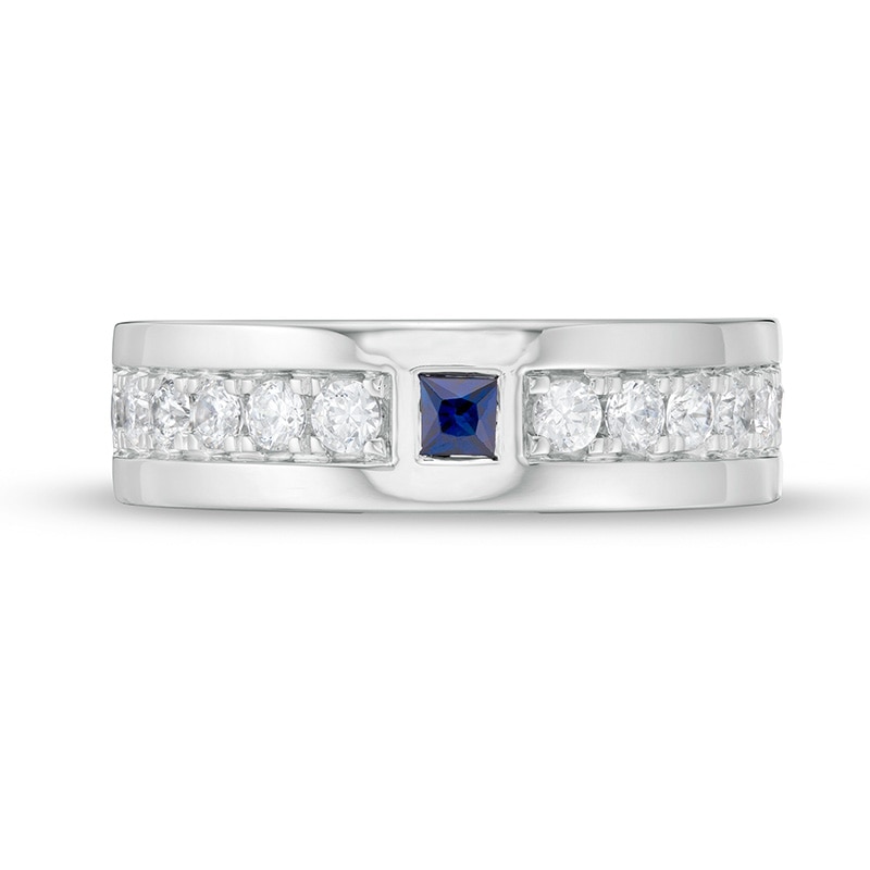 Main Image 4 of Previously Owned - Vera Wang Love Collection Men's Square-Cut Sapphire and 3/4 CT. T.W. Diamond Band in 14K White Gold