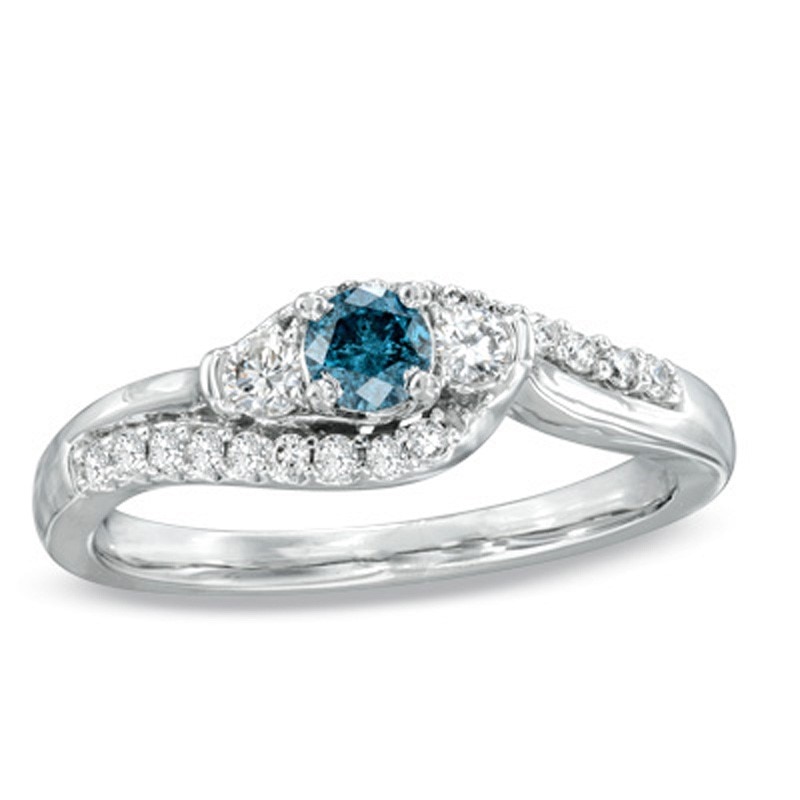 Main Image 1 of Previously Owned - 1/2 CT. T.W. Enhanced Blue and White Diamond Past Present Future® Ring in 10K White Gold