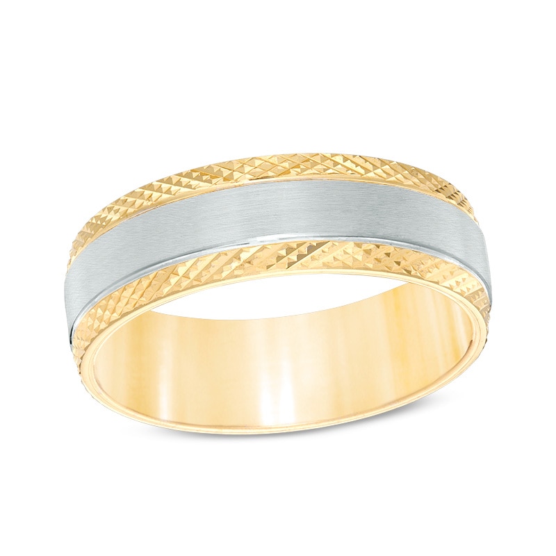 Previously Owned - Men's 7.0mm Comfort-Fit Diamond-Cut Edge Satin center Wedding Band in 10K Two-Tone Gold
