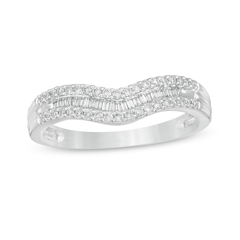 Main Image 1 of Previously Owned - 1/4 CT. T.W. Baguette and Round Diamond Contour Multi-Row Anniversary Band in 14K White Gold