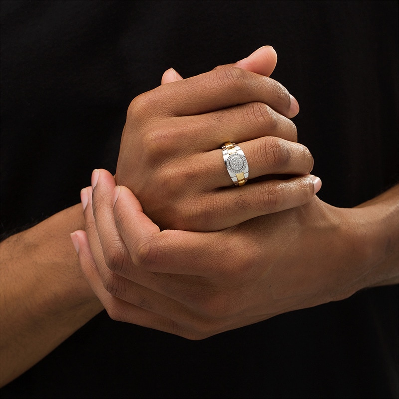 Main Image 2 of Previously Owned - Men's 1/5 CT. T.W. Composite Diamond Frame Triple Row Ribbed Shank Ring in 10K Two-Toned Gold