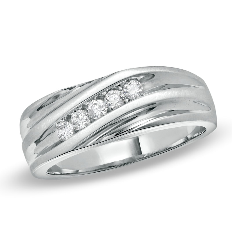 Main Image 1 of Previously Owned - Men's 1/4 CT. T.W. Diamond Slant Wedding Band in 14K White Gold