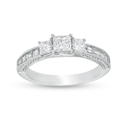 Previously Owned - 1 CT. T.W. Diamond Past Present Future® Vintage-Style Engagement Ring in 14K White Gold