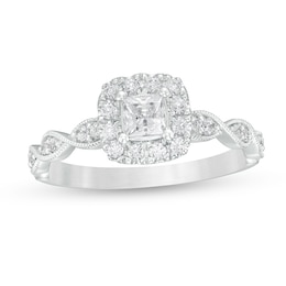 Previously Owned - 5/8 CT. T.W. Princess-Cut Diamond Cushion Frame Vintage-Style Engagement Ring in 14K White Gold