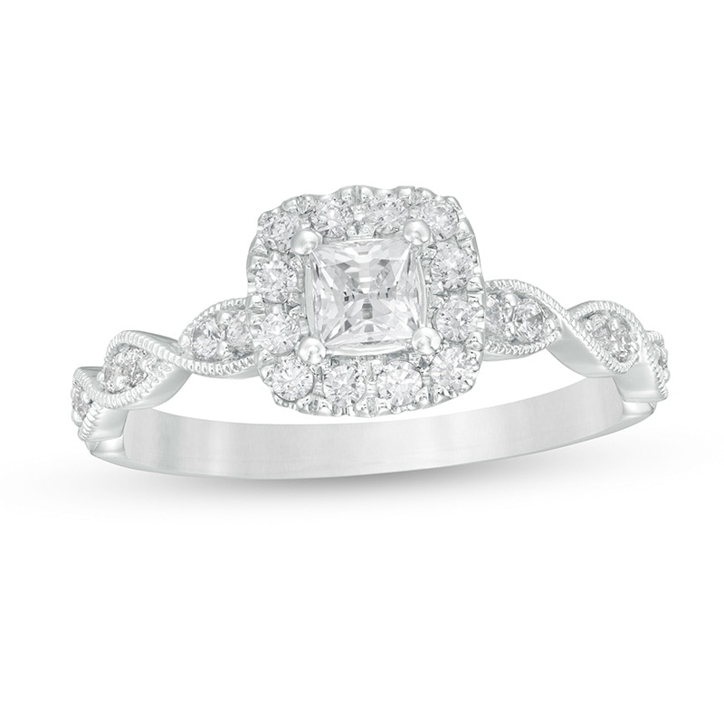 Main Image 1 of Previously Owned - 5/8 CT. T.W. Princess-Cut Diamond Cushion Frame Vintage-Style Engagement Ring in 14K White Gold