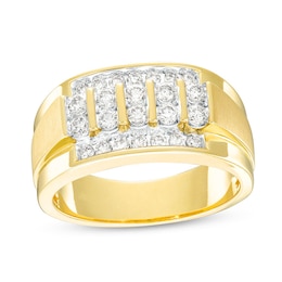 Previously Owned - Men's 3/4 CT. T.W. Diamond Four Row Satin Stepped Edge Ring in 10K Gold