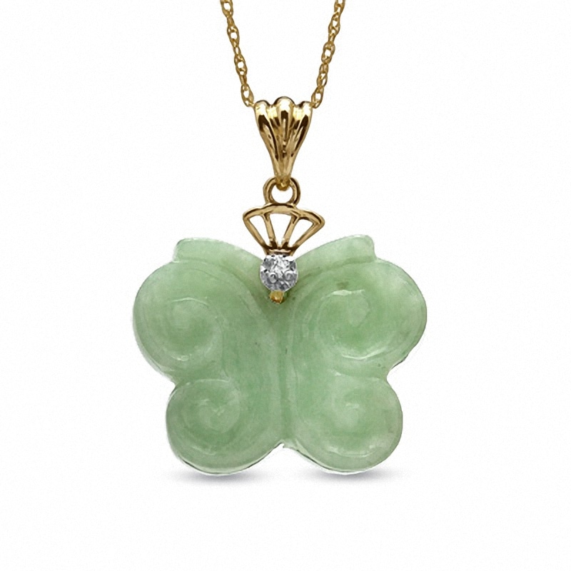 Previously Owned - Jade and Diamond Accent Butterfly Pendant in 10K Gold
