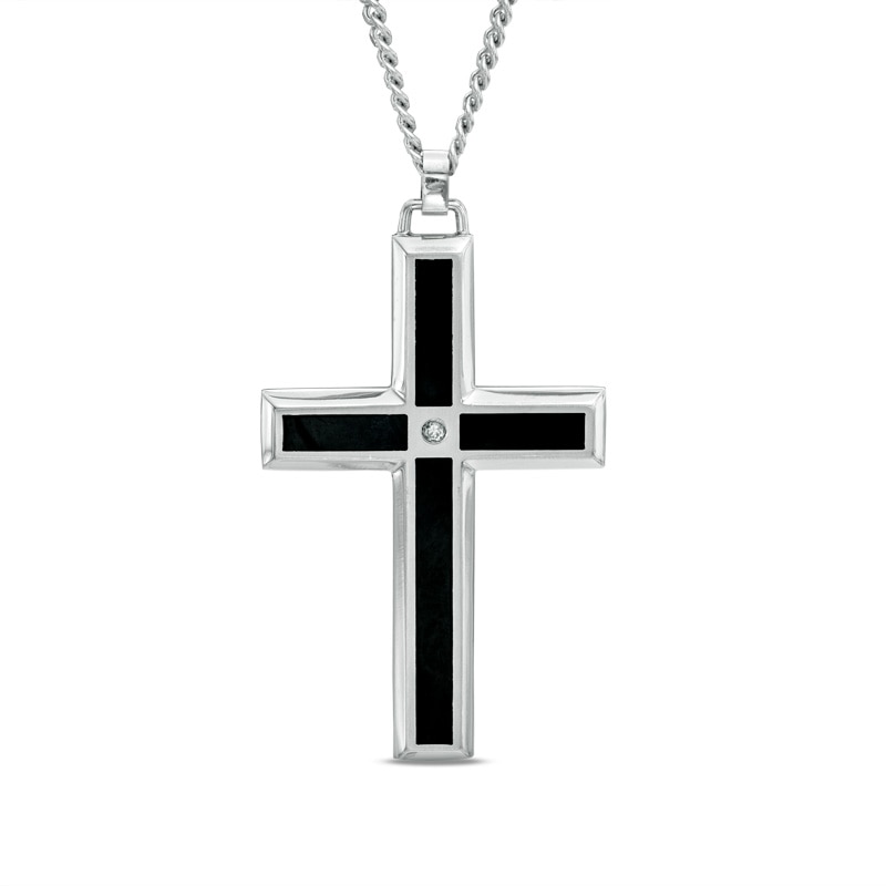 Previously Owned - Men's Diamond Accent Black Enameled Cross Pendant in Stainless Steel - 24"
