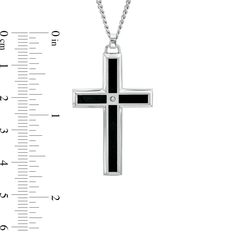 Previously Owned - Men's Diamond Accent Black Enameled Cross Pendant in Stainless Steel - 24"