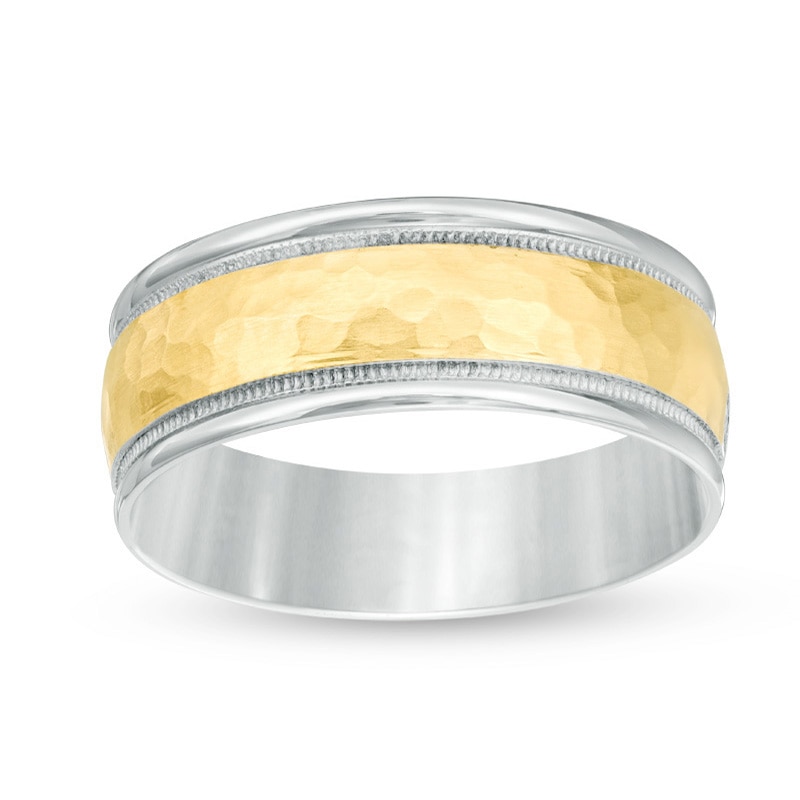 Previously Owned - Men's 8.0mm Hammered Milgrain Comfort Fit Wedding Band in 14K Two-Tone Gold
