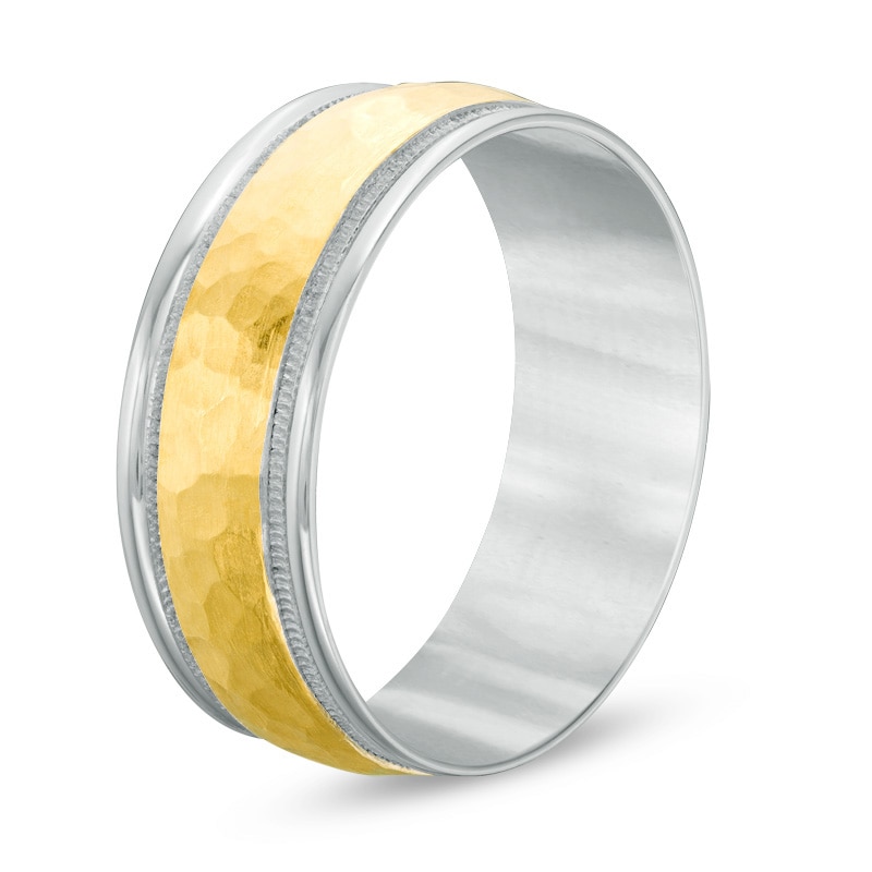 Previously Owned - Men's 8.0mm Hammered Milgrain Comfort Fit Wedding Band in 14K Two-Tone Gold