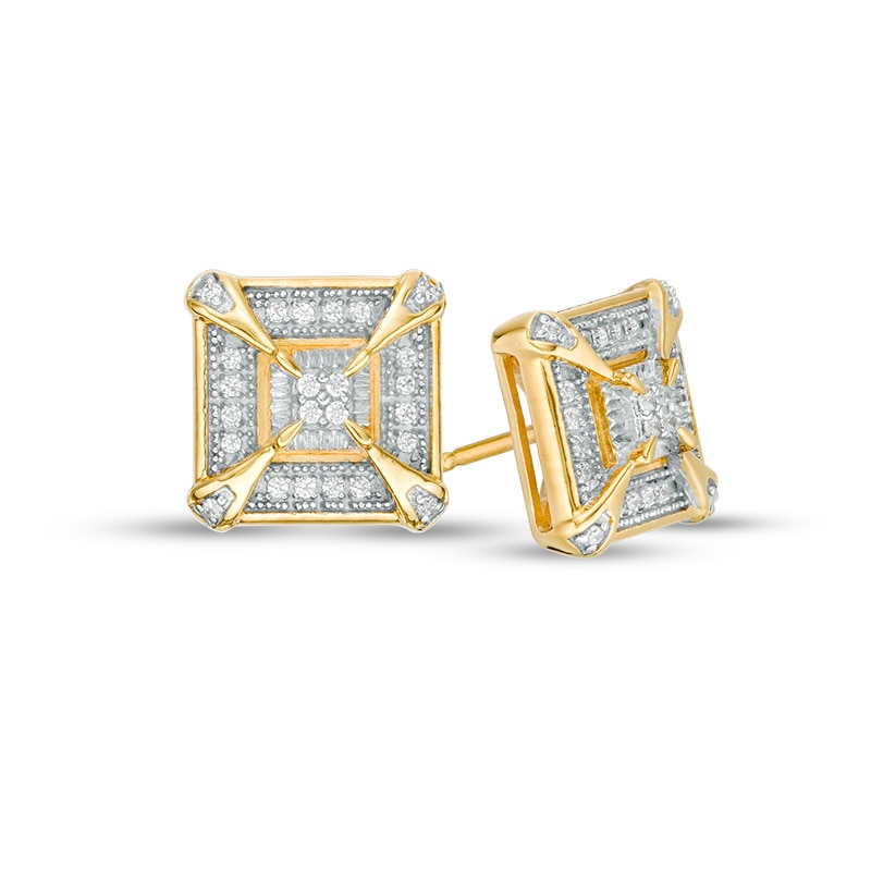 Previously Owned - Men's 1/8 CT. T.W. Quad Diamond Frame Stud Earrings in Sterling Silver with 14K Gold Plate