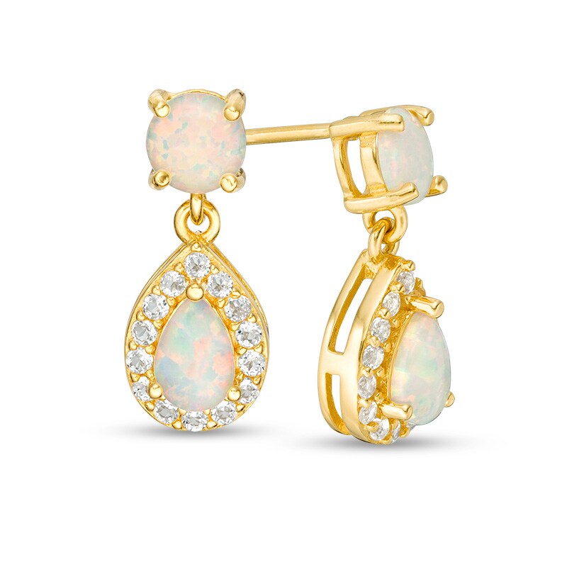 Main Image 1 of Previously Owned - Lab-Created Opal and White Topaz Frame Drop Earrings in Sterling Silver with 18K Gold Plate