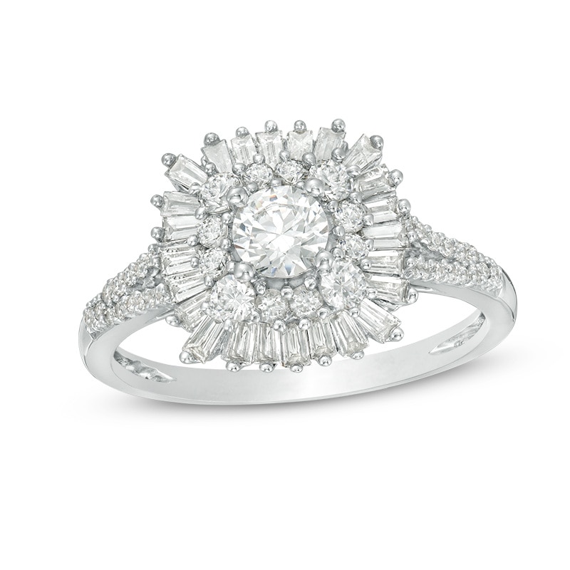 Previously Owned - 1 CT. T.W. Diamond Double Cushion Sunburst Frame Engagement Ring in 14K White Gold