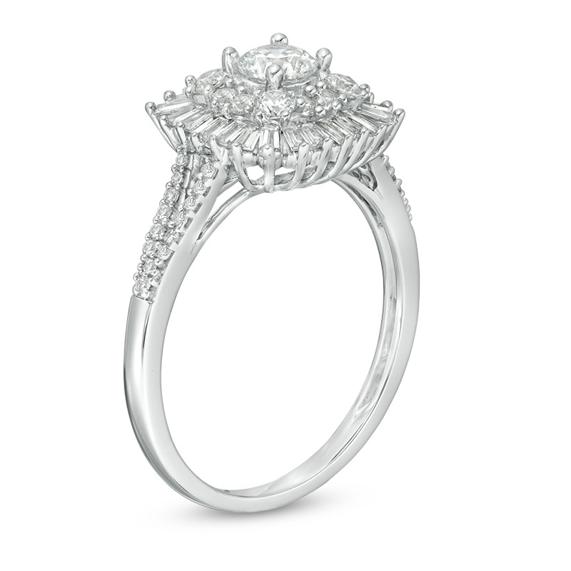 Previously Owned - 1 CT. T.W. Diamond Double Cushion Sunburst Frame Engagement Ring in 14K White Gold