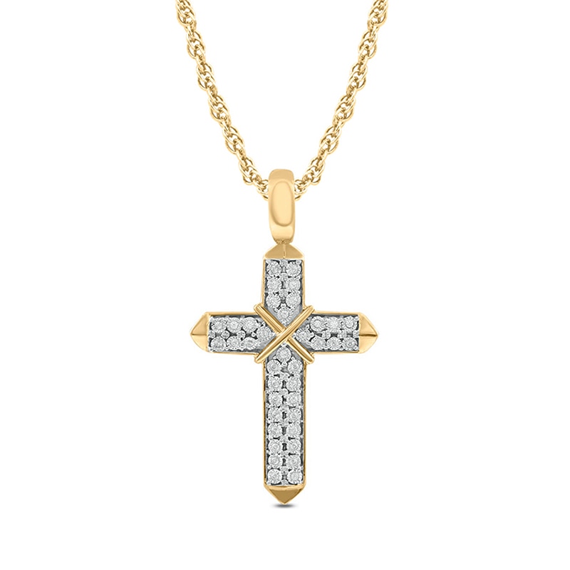 Main Image 1 of Previously Owned - Men's 1/8 CT. T.W. Diamond Double Row &quot;X&quot; Cross Pendant in 10K Gold