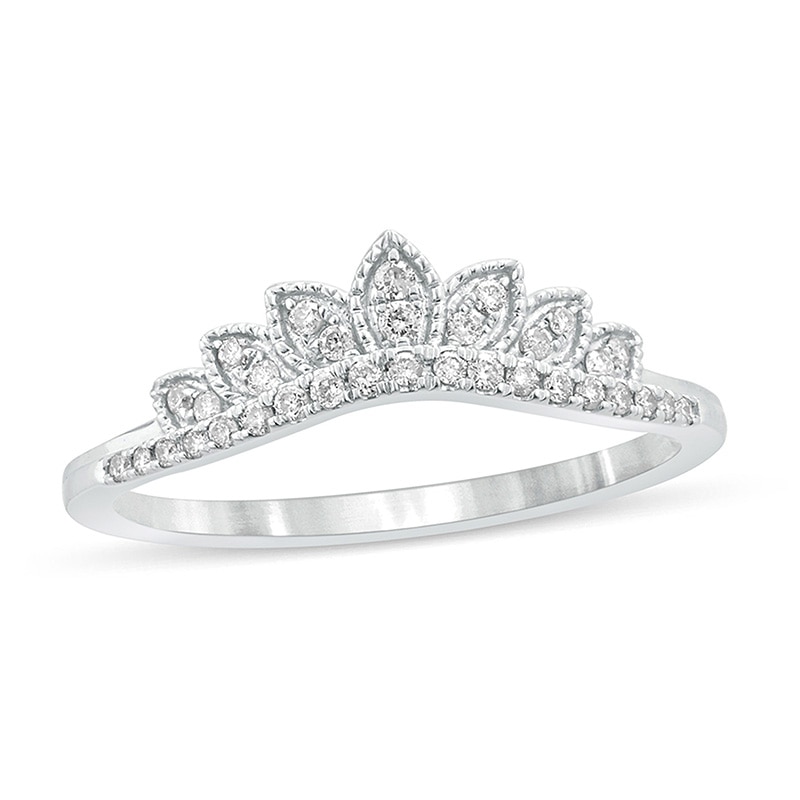 Main Image 1 of Previously Owned - 1/6 CT. T.W. Diamond Leaf Crown Contour Vintage-Style Wedding Band in 10K White Gold