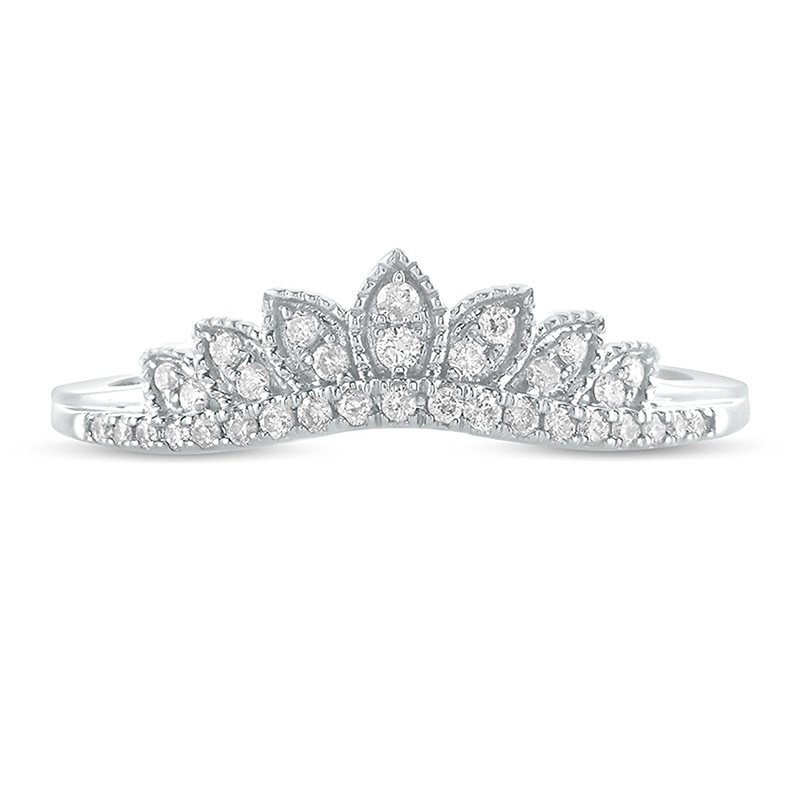 Main Image 3 of Previously Owned - 1/6 CT. T.W. Diamond Leaf Crown Contour Vintage-Style Wedding Band in 10K White Gold