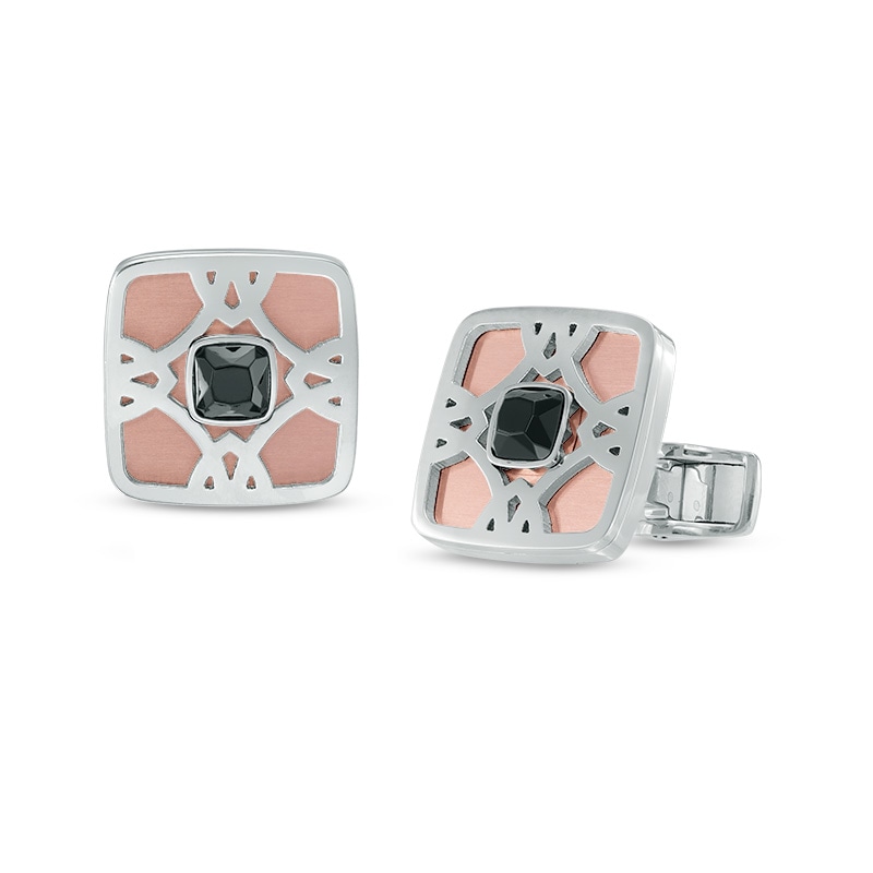 Previously Owned - Men's Cushion-Cut Lab-Created Black Spinel Tribal-Style Cuff Links in Two-Tone Stainless Steel