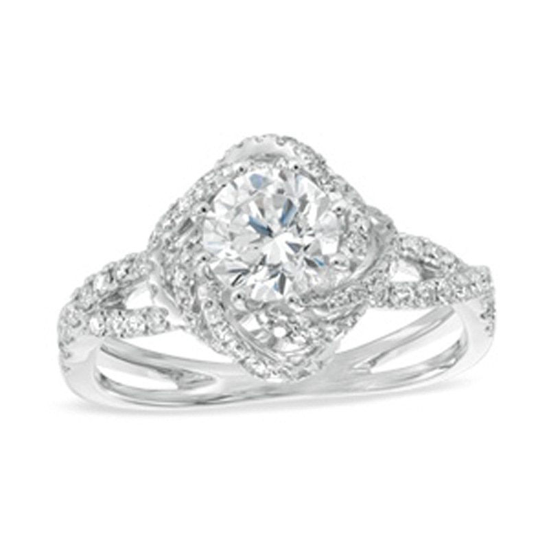 Previously Owned - 1-1/4  CT. T.W. Diamond Swirl Frame Split Shank Engagement Ring in 14K White Gold