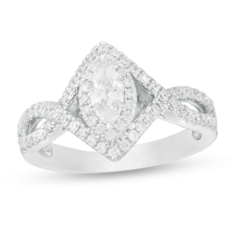 Previously Owned - 3/4 CT. T.W. Marquise Diamond Frame Twist Shank Engagement Ring in 14K White Gold
