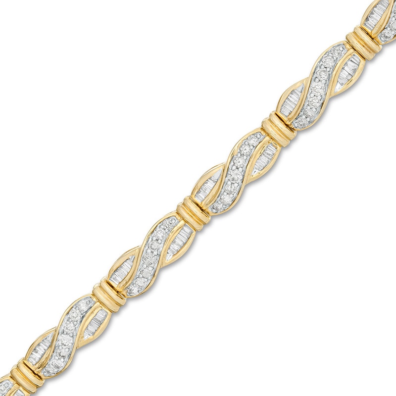 Previously Owned - 2 CT. T.W. Baguette and Round Diamond Crossover Link Bracelet in 10K Gold - 7.5"