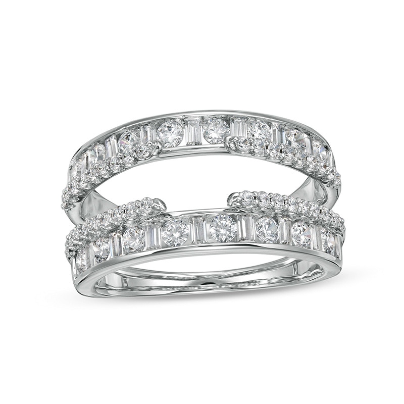 Main Image 1 of Previously Owned - 1-1/4 CT. T.W. Baguette and Round Diamond Alternating Double Row Solitaire Enhancer in 14K White Gold