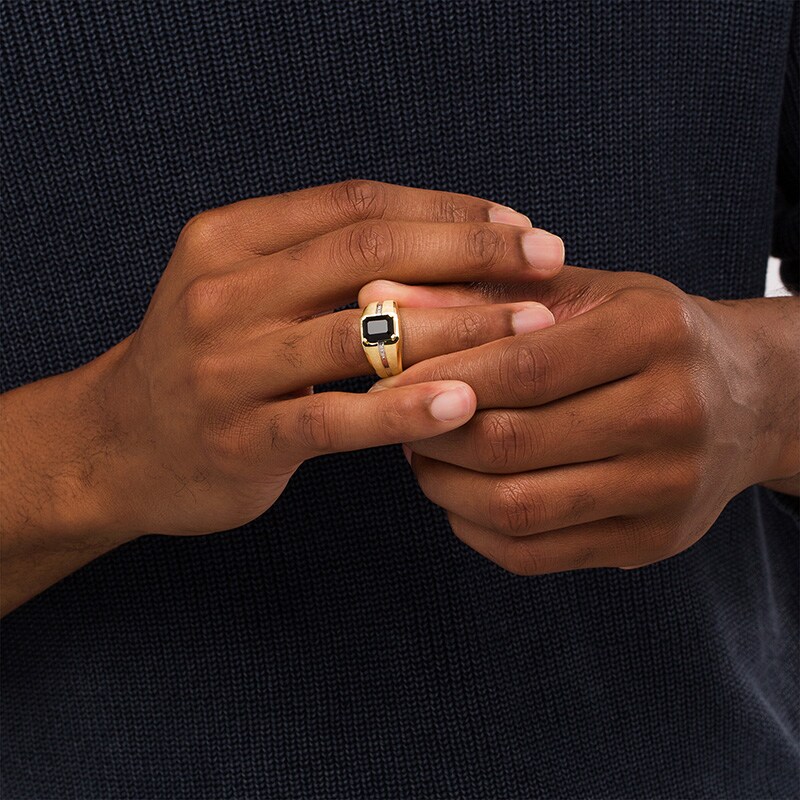 Main Image 2 of Previously Owned - Men's Cushion-Cut Onyx and Diamond Accent Inlay Ring in 10K Two-Tone Gold