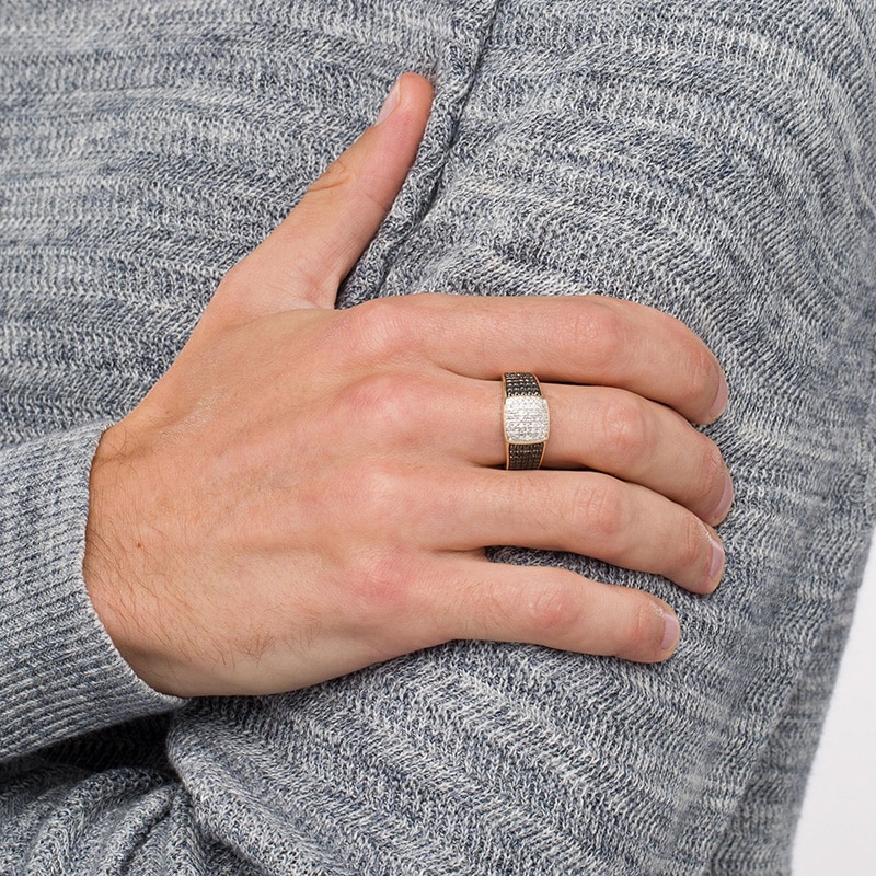 Previously Owned - Men's 1-1/8 CT. T.W. Cushion Composite Black  and White Diamond Multi-Row Ring in 10K Gold