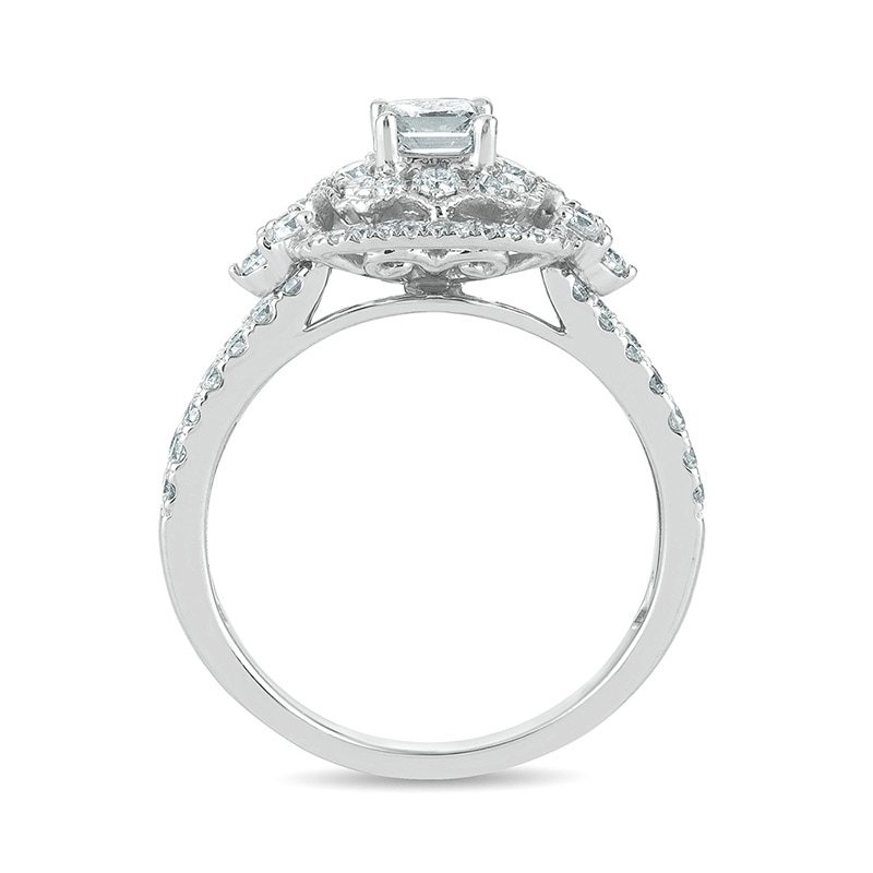 Previously Owned 1-1/4 CT. T.W. Princess-Cut Diamond Ornate Cushion Frame Vintage-Style Engagement Ring in 14K White Gold