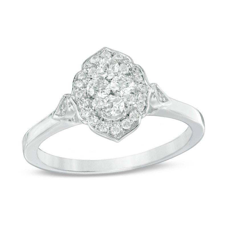 Previously Owned 3/8 CT. T.W. Composite Diamond Scallop Marquise Frame Engagement Ring in 14K White Gold