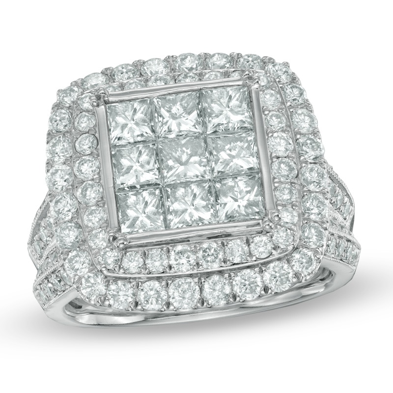 Main Image 1 of Previously Owned 3-1/2 CT. T.W. Princess-Shaped Multi-Diamond Double Frame Engagement Ring in 10K White Gold