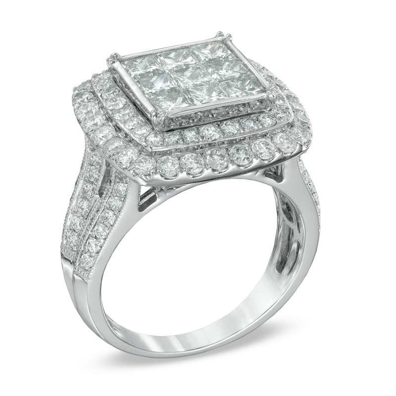 Main Image 2 of Previously Owned 3-1/2 CT. T.W. Princess-Shaped Multi-Diamond Double Frame Engagement Ring in 10K White Gold