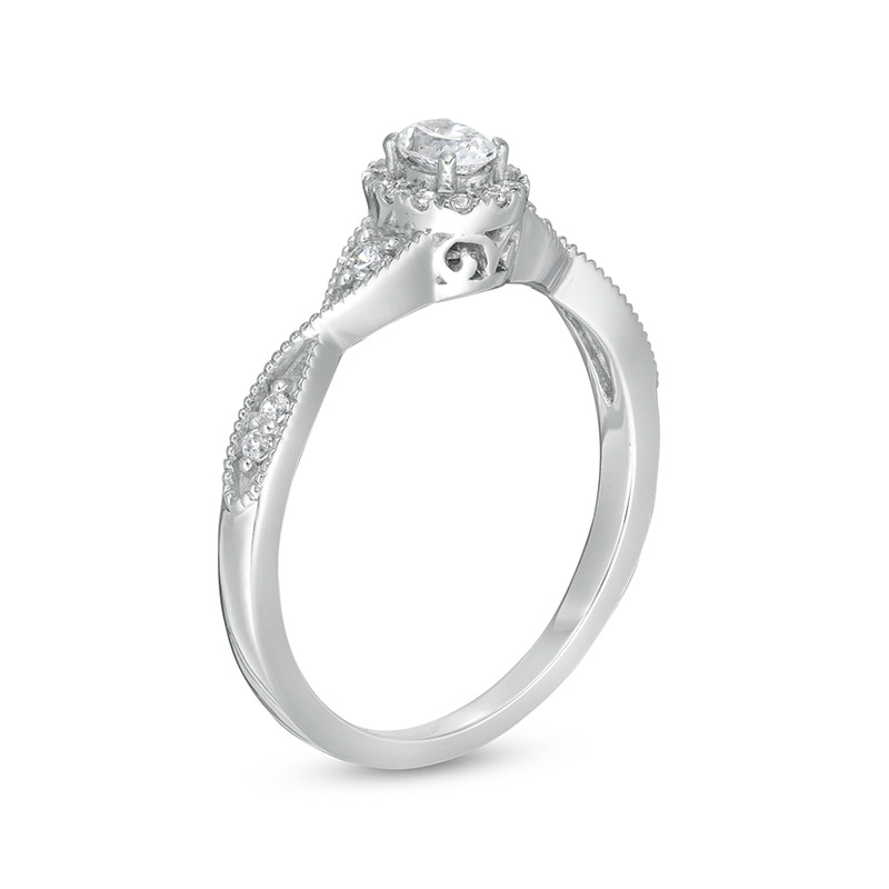 Main Image 3 of Previously Owned - 1/3 CT. T.W. Oval Diamond Frame Twist Shank Engagement Ring in 14K White Gold (I/SI2)