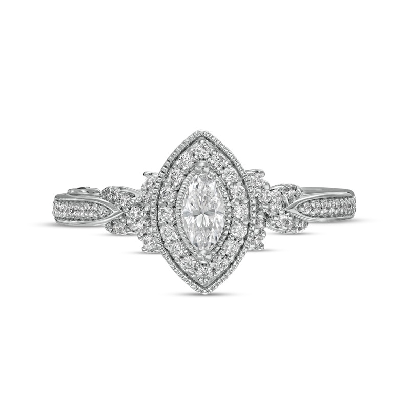 Previously Owned - Marilyn Monroe™ Collection 1/2 CT. T.W. Marquise Diamond Frame Twist Shank Ring in 14K White Gold
