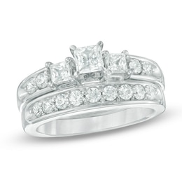 Previously Owned 1-1/3 CT. T.W. Princess-Cut Diamond Past Present Future® Soldered Bridal Set in 14K White Gold