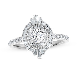 Previously Owned - 1 CT. T.W. Baguette and Round Diamond Double Frame Engagement Ring in 14K White Gold