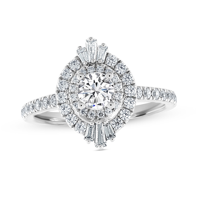 Main Image 1 of Previously Owned - 1 CT. T.W. Baguette and Round Diamond Double Frame Engagement Ring in 14K White Gold