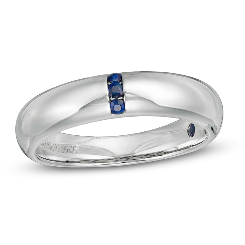 Previously Owned - Vera Wang Love Collection Men's Blue Sapphire Linear Three Stone Wedding Band in 14K White Gold