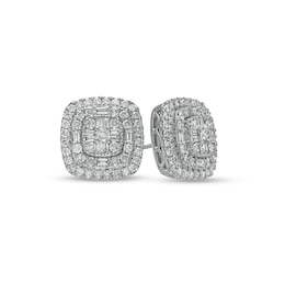 Previously Owned - 1 CT. T.W. Cushion-Shaped Multi-Diamond Double Frame Layered Stud Earrings in 10K White Gold