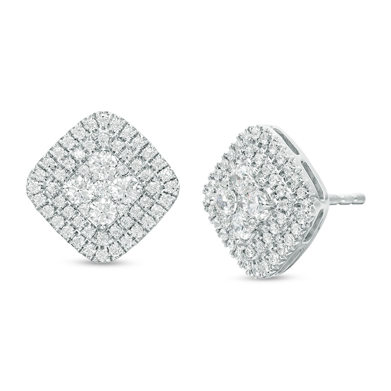 Main Image 1 of Previously Owned - 1 CT. T.W. Diamond Double Cushion Frame Stud Earrings in 10K White Gold