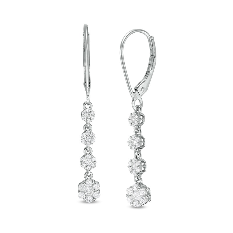 Main Image 1 of Previously Owned - 1/2 CT. T.W. Multi-Diamond Graduated Flower Dangle Drop Earrings in 10K White Gold