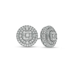 Previously Owned - 1 CT. T.W. Baguette Multi-Diamond Double Frame Layered Stud Earrings in 10K White Gold