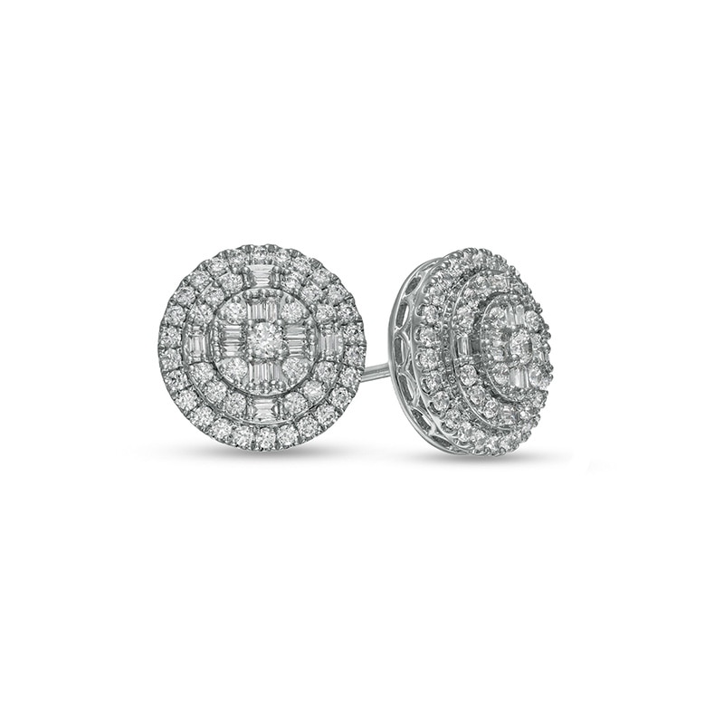 Main Image 1 of Previously Owned - 1 CT. T.W. Baguette Multi-Diamond Double Frame Layered Stud Earrings in 10K White Gold