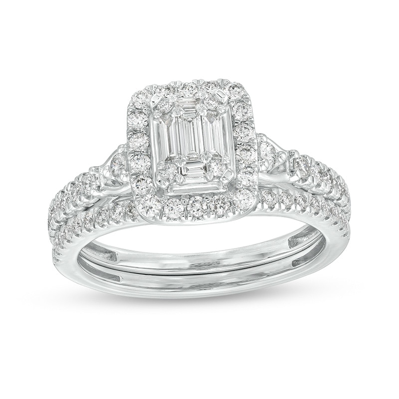 Main Image 1 of Previously Owned - 3/4 CT. T.W. Emerald-Shaped Multi-Diamond Frame Bridal Set in 10K White Gold (I/SI2)