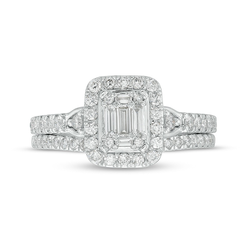 Main Image 3 of Previously Owned - 3/4 CT. T.W. Emerald-Shaped Multi-Diamond Frame Bridal Set in 10K White Gold (I/SI2)