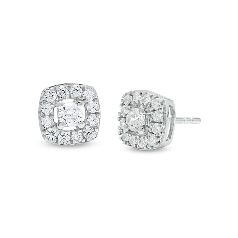 Main Image 1 of Previously Owned - 3/8 CT. T.W. Diamond Cushion-Shaped Frame Stud Earrings in 10K White Gold