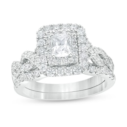 Previously Owned - 1-1/2 CT. T.W.  Radiant-Cut Diamond Frame Twist Shank Bridal Set in 14K White Gold (I/I1)