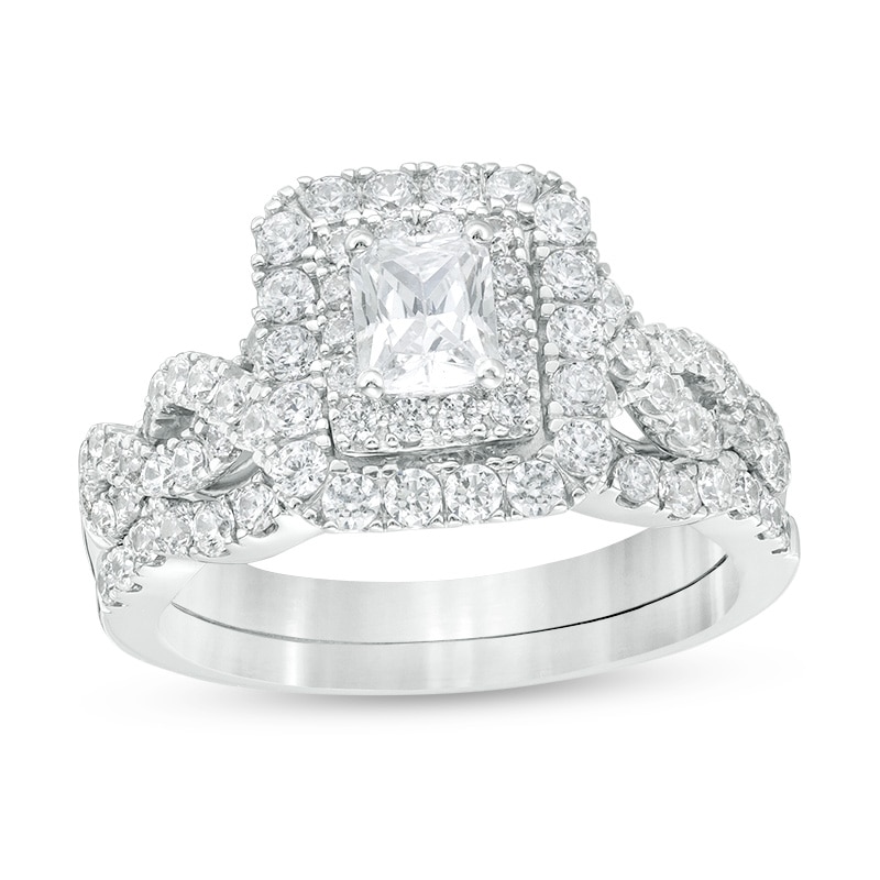 Main Image 1 of Previously Owned - 1-1/2 CT. T.W.  Radiant-Cut Diamond Frame Twist Shank Bridal Set in 14K White Gold (I/I1)